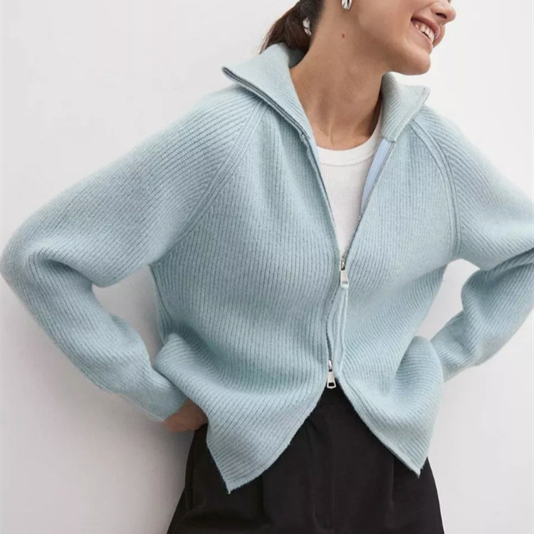 Stand Collar Ribbed Double-Ended Zipper Knit Cardigan Top Trendy Autumn and Winter Cross-Border Trade New Solid Color Sweater Jacket for Women Stand Collar Ribbed Double-Ended Zipper Knit Cardigan Top Trendy Autumn and Winter Cross-Border Trade New Solid Color Sweater Jacket for Women