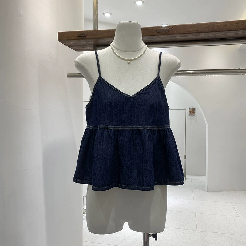 Сладкий джинсовый камзол женское лето 2024 новый корейский insV воротник с открытыми плечами тонкий шикарный топ
