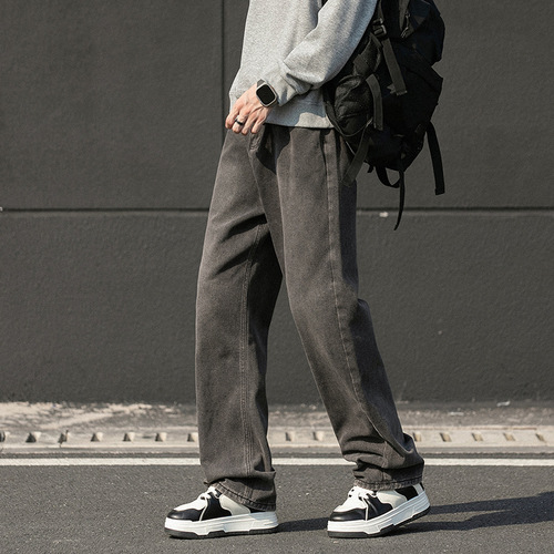 Summer thin denim men's loose straight-leg American high street wide-leg pants with drape gradient retro casual pants