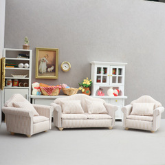 1:12人形屋dollhouseミニ家具リビング家具白ストライプベージュソファ三点セット