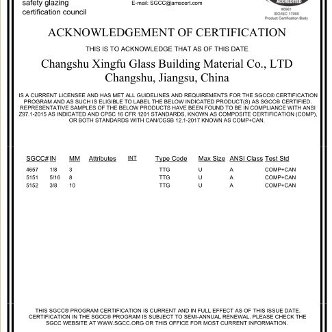 通过美国SGCC ANSI Z97.1-2015认证的8MM 厚度钢化玻璃