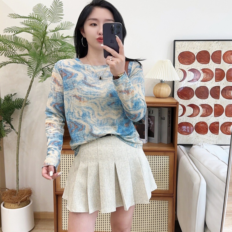 Ink Painting Van Gogh Blue Tie-Dye Long-Sleeved T-Shirt Women's Autumn New Slim-Fit Slimming Crew Neck Chic Sweater