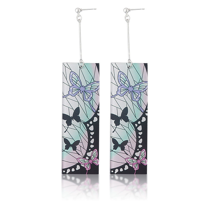 Earrings (Carbon Ji Lang) Anime Rectangle Dangle, Butterfly/Ninja Pattern, Lightweight, Multi-fit