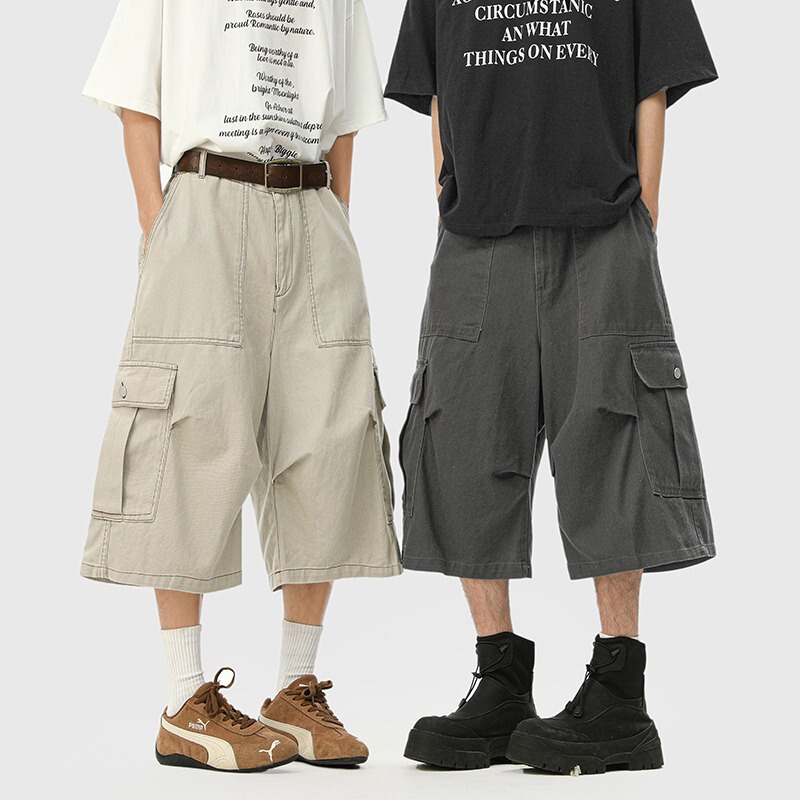 Khaki Large Pocket Fashion Cargo Shorts Men Summer American Retro Loose Pleated Design Cropped Pants Khaki Large Pocket Fashion Cargo Shorts Men Summer American Retro Loose Pleated Design Cropped Pants