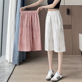 扎染棉麻裤子女夏季薄款2025新款冰丝七分阔腿裤宽松休闲裤