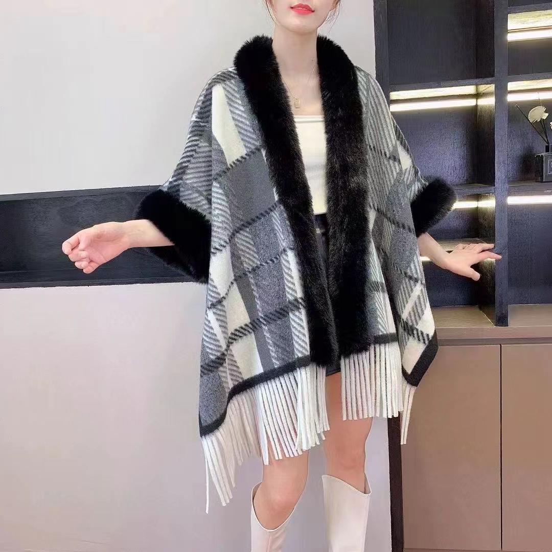Lockerer Wollkragen mit kariertem Quasten-Strickschal-Umhang in großer Größe, Strickjacke, Pullover, Mantel für Damen_voghion.com