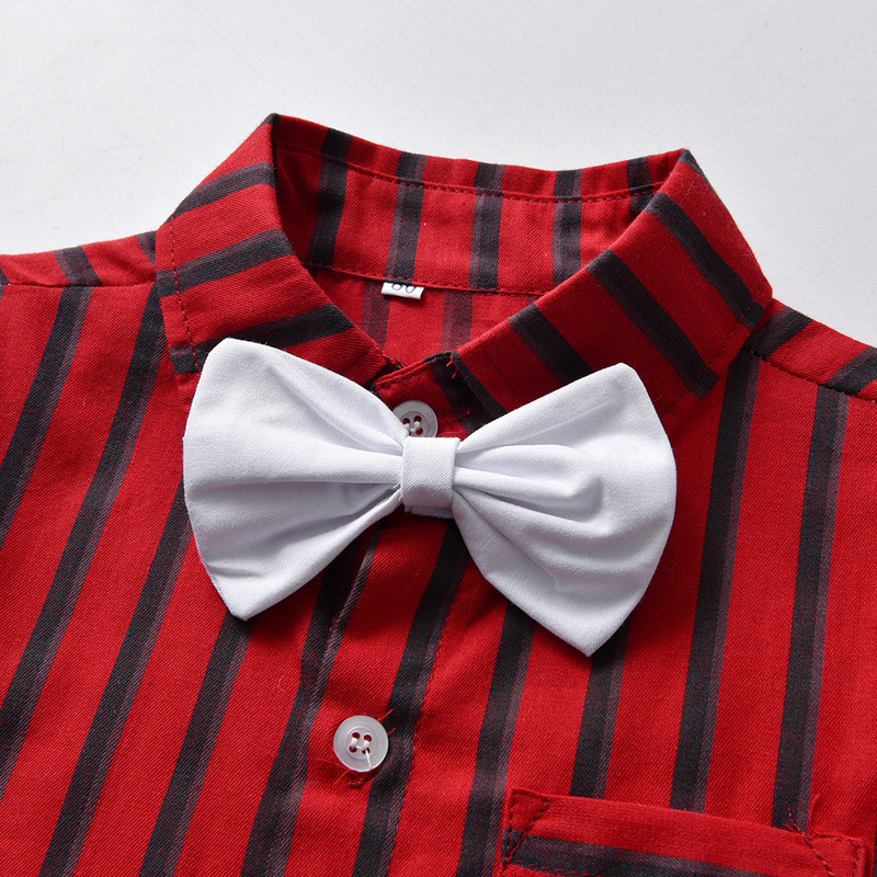 Verano para niños coreanos con collar rayado corbata de manga corta cardigan con pantalones de dos piezas de vestido de boda para niños modelado