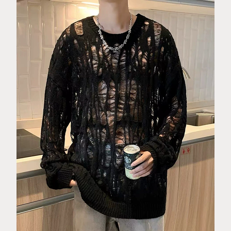 Ранний осенний дизайн, рваный свободный тонкий вязаный свитер, стильный ретро-потертый нишевый мужской ленивый стиль с длинными рукавами.