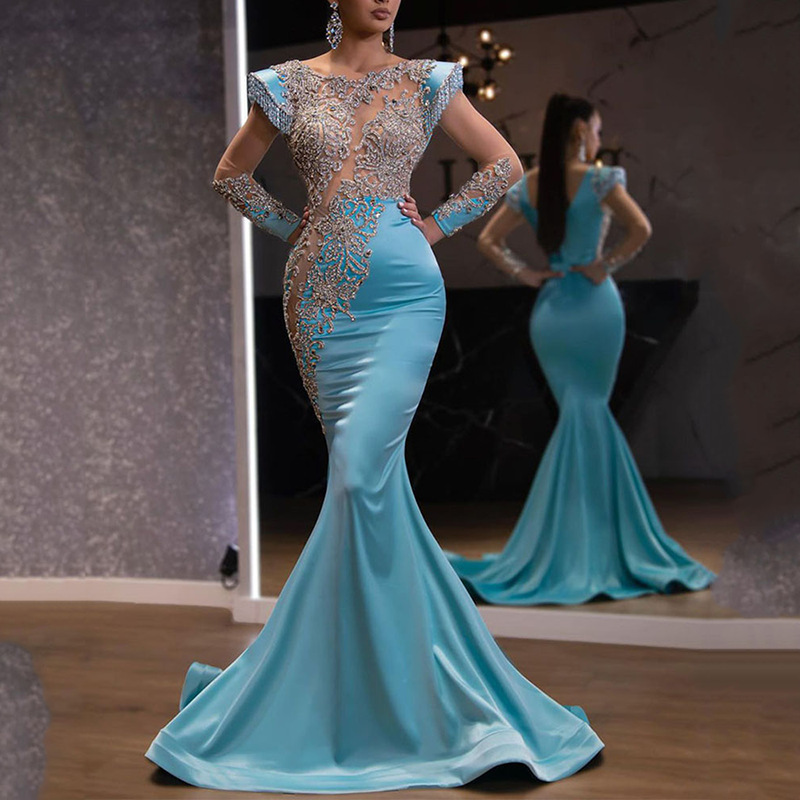 2025 New Daily Light Blue Fishtail Skirt Banquet Long Sand Gold Series Slim Temperament Annual Meeting Evening Dress for Women