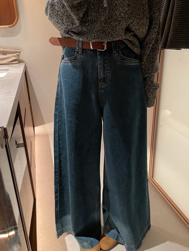 美式复古蓝色腰带阔腿牛仔裤女秋季新款设计感明线休闲拖地长裤|undefined