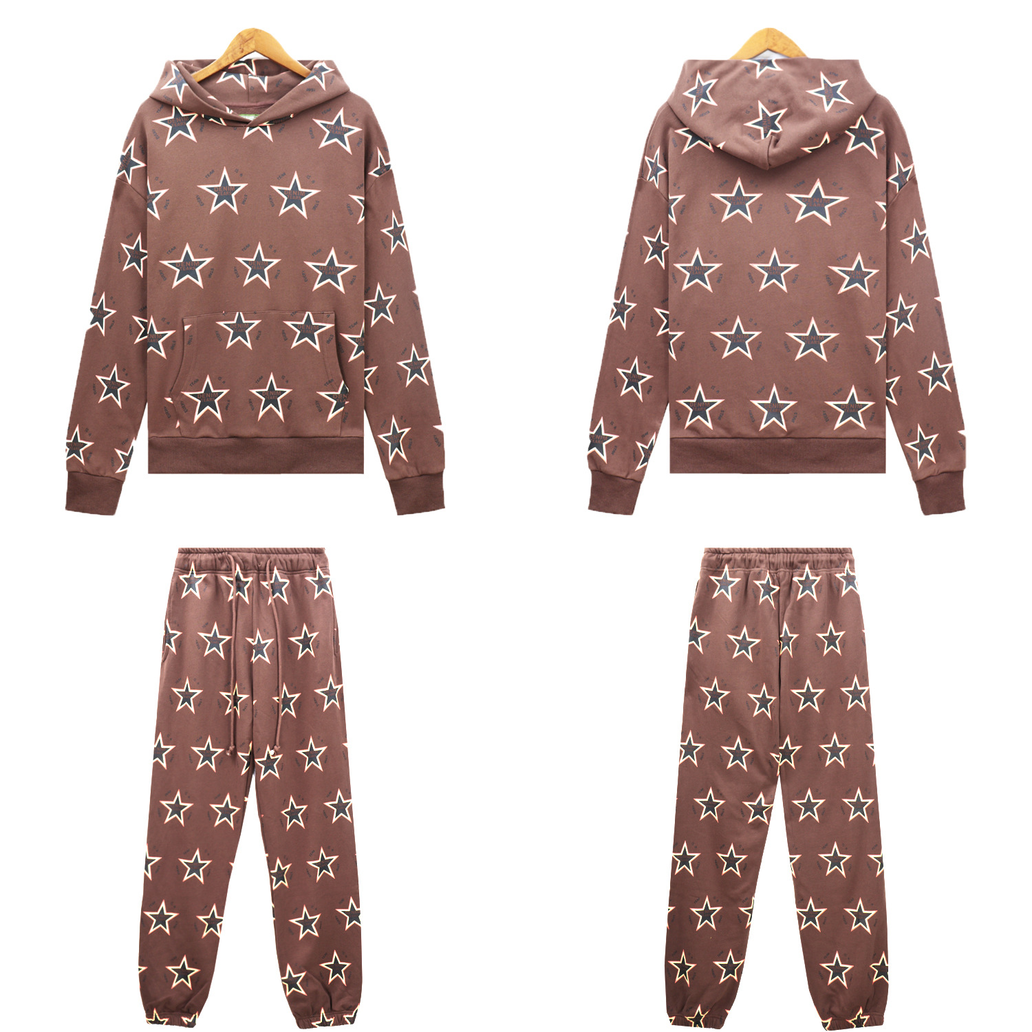 Men's Clothing fashion brand D.T Kapok full print five pointed star hooded sweatshirt trousers men and women sports suit_voghion.com