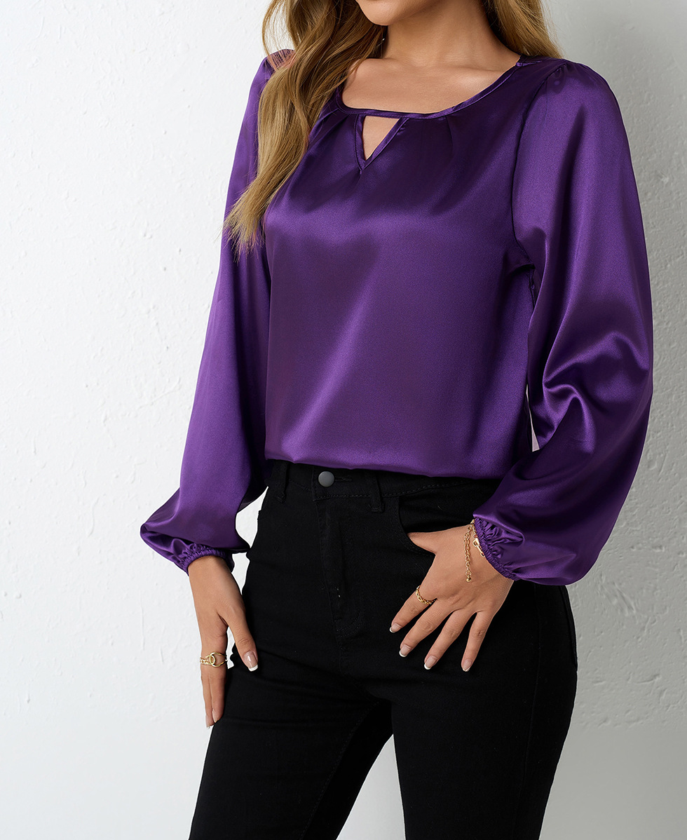 Satinbluse Damen Langarm Elegante Faltenbluse Oberteil_voghion.com