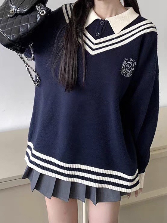 Estilo preppy rayas falso suéter de dos piezas para las mujeres primavera y otoño nuevo cuello de polo suelto dulce JK