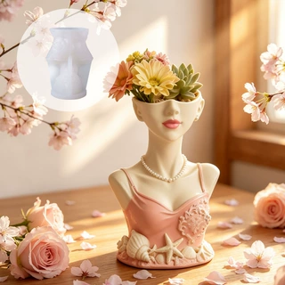 DIY 海洋贝壳女士半身像花瓶硅胶模具 3D 人像花盆 石膏摆件模具