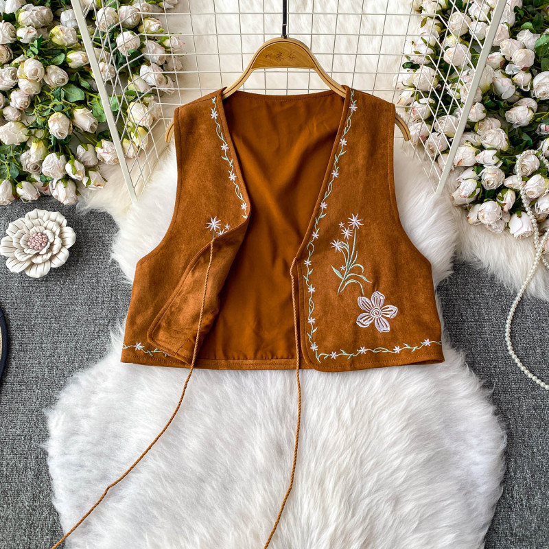 エスニックスタイルレトロ鹿革刺繍Vネックレースアップベストレディース夏ルーズスリムショートノースリーブトップ|undefined