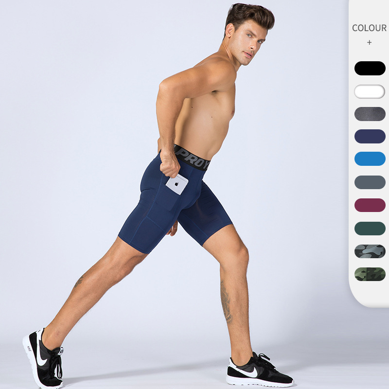 Men's Pro Fitness Shorts with Flap Pocket Pantss, Sports Running Training, Sweat-Wicking, Quick-Drying Elastic Tight Shorts 1084