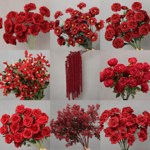 婚庆红色系仿真花束红果婚礼堂装饰花艺吊顶花材花排插花绢花假花