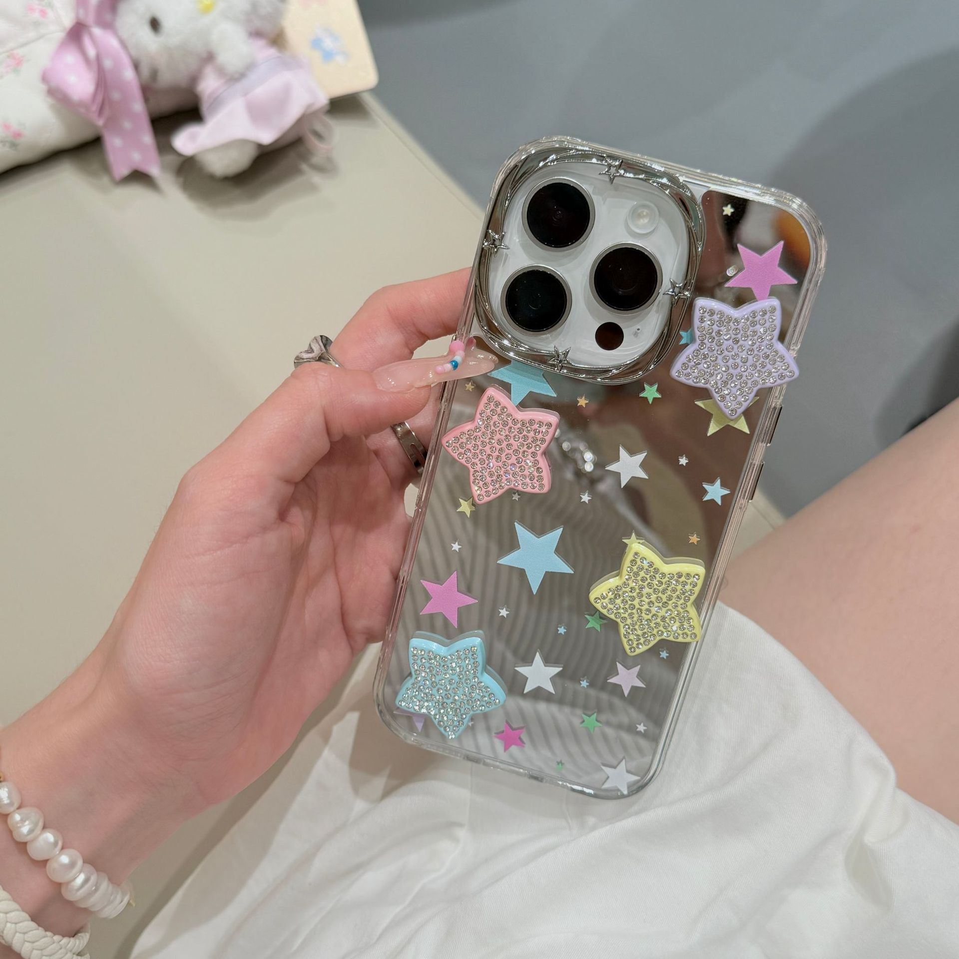 Espejo coreano estrellas de colores para Apple 16ProMax funda para teléfono móvil 15Pro estéreo 14/13 nuevo 15PM