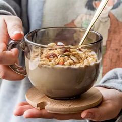 茶色のガラスオートミール朝食カップ家庭用ウォーターカップハンドル付き大型スプーン蓋付き透明コーヒーカップ女性のミルクカップ