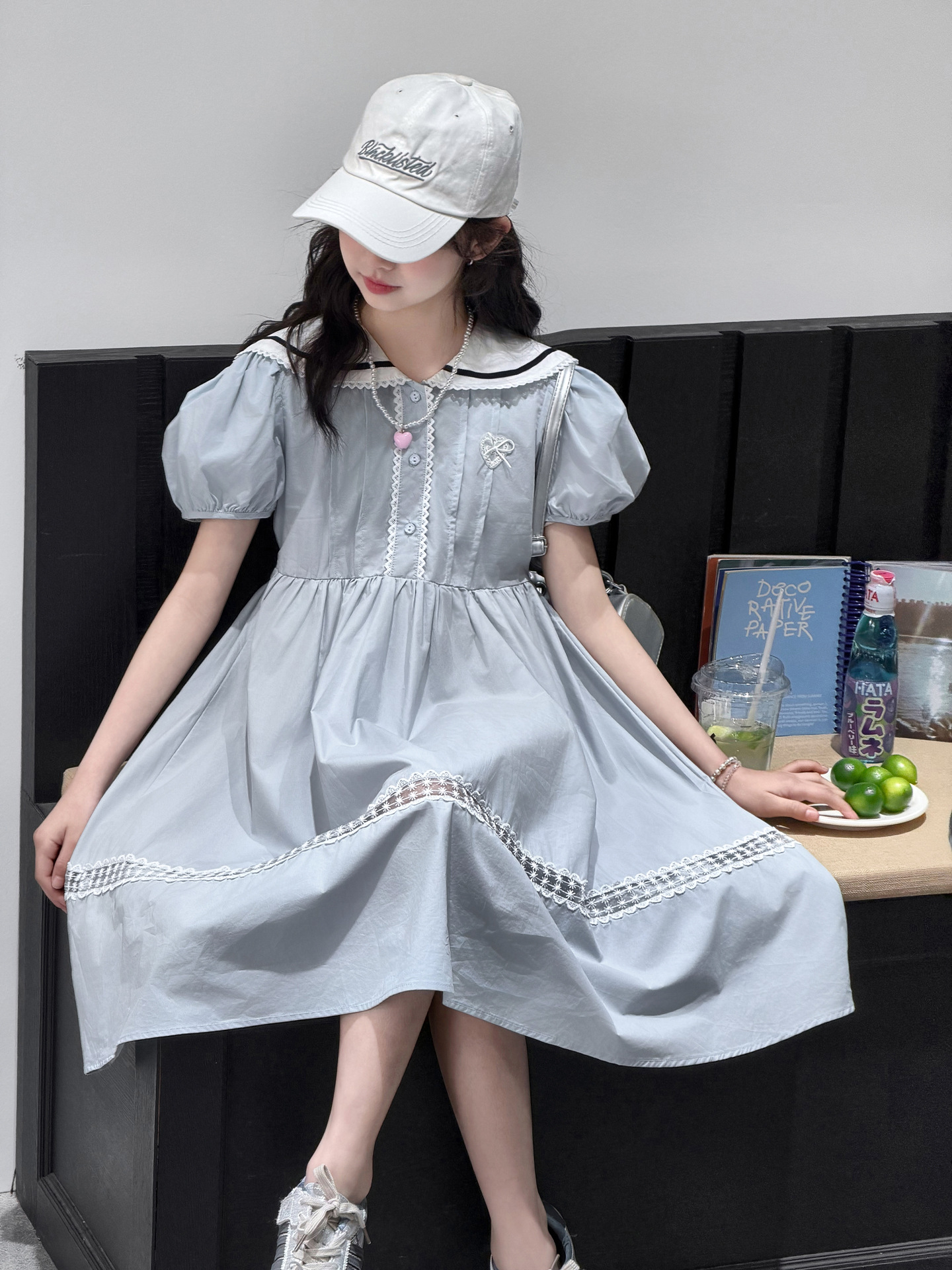Summer children's elegant navy short sleeve dress