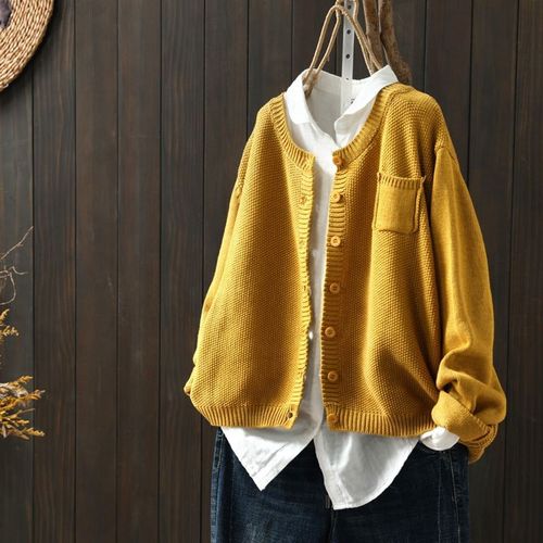 Knitted Cardigan Jacket for Women - Spring and Autumn New Retro Literary Loose Casual Versatile Long Sleeve Sweater Jacket for Women
