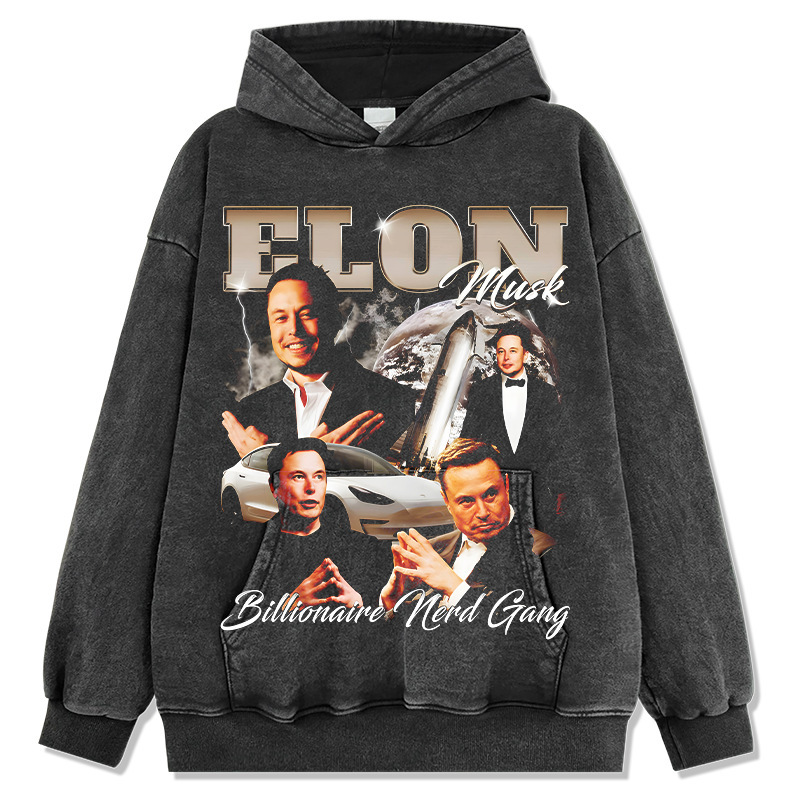 Elon Musk Tesla Starship Print American Vintage Distressed Hoodie Heavyweight Sweatshirt for Men