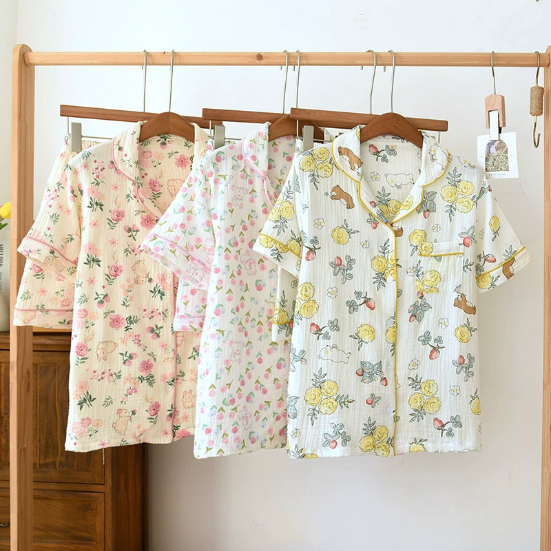 Летняя Хлопковая женская домашняя одежда с короткими рукавами, костюм, сладкий кардиган, тонкая марлевая пижама с принтом, свободная Студенческая