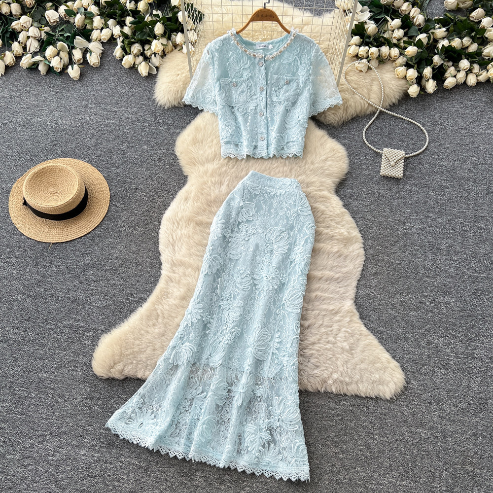 French Style Lace Patchwork Top And Skirt Set for Women Sexy Slimming Temperament Two-Piece Summer Outfit_ecoleips.com