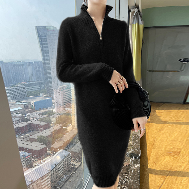 2025秋冬新款针织连衣裙女士半开拉链翻领毛衣裙中长款针织过膝裙|undefined