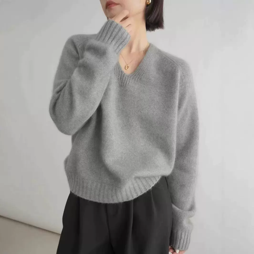 秋冬V领100羊毛衫长袖套头毛衣女宽松显瘦羊绒纯色休闲针织打底衫