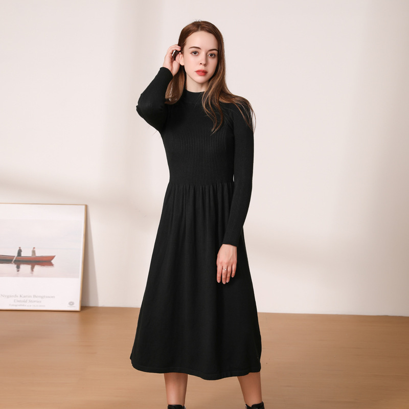 Andy Velvet Spot Autumn and Winter Long Skirt New Women's Sweater Skirt Large Swing Pure Color Long-Sleeved Knitted Long Dress