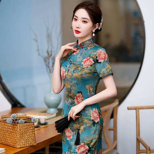 Retro Chinese Dress oriental Cheongsam for women long split cheongsam modified Chinese peony flower dress cultivate morality