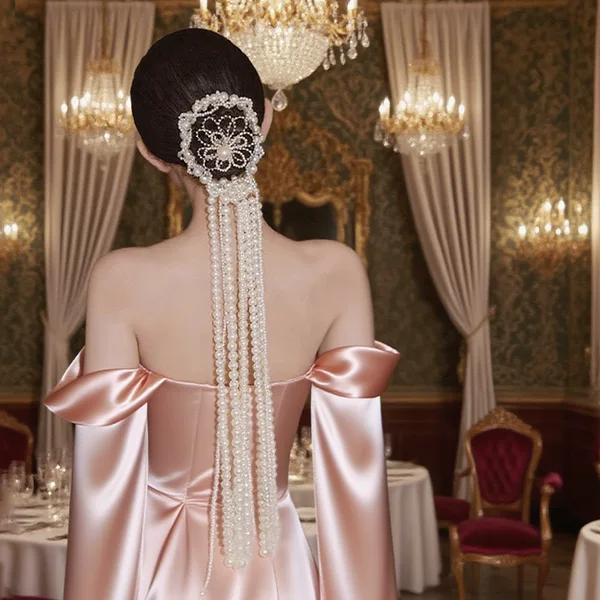 New High-End White Imitation Pearl Headdress with Braided Straps, Ponytail Streamers and Tassels, Bridal Wedding Accessories and Hair Accessories