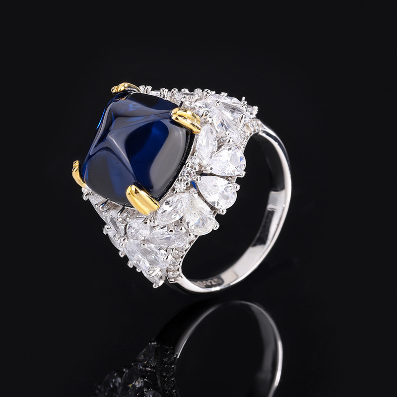 Zhuang Sheng joyería S925 plata imitación color tesoro azul azúcar Torre industria pesada inferior sello colgante anillo traje 14*14-12*1