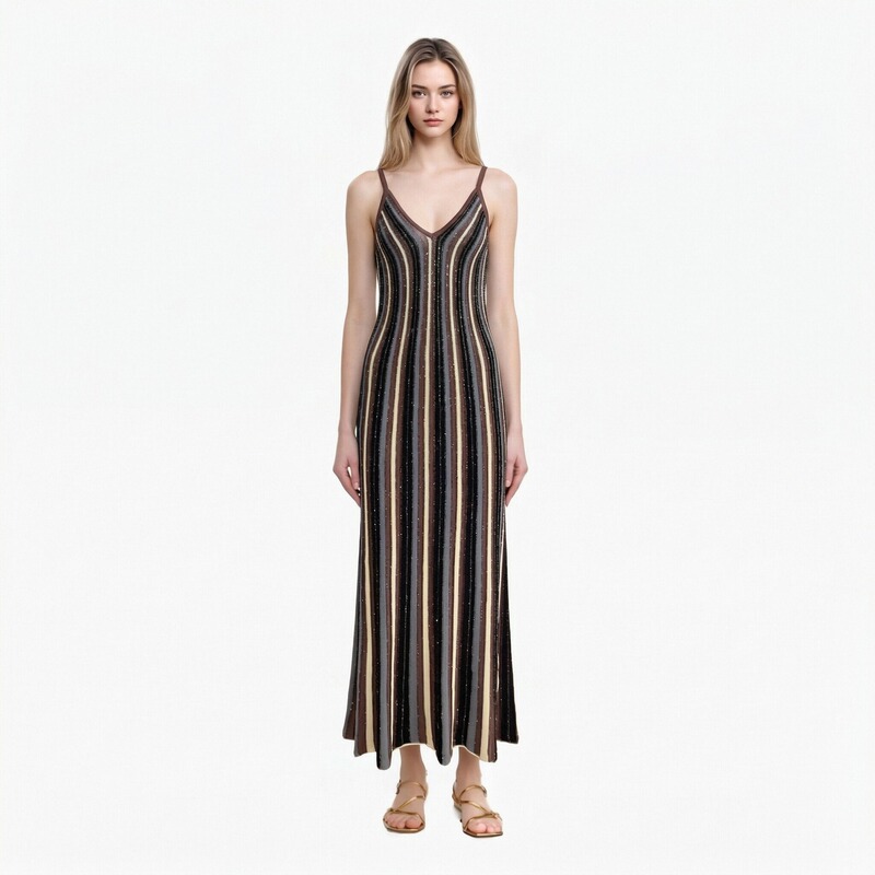 Missoni Cross-Border Foreign Trade Spring and Summer Elegant Ladylike V-Neck Sleeveless Sequined Pullover Striped Mid-Length Knitted Dress Missoni Cross-Border Foreign Trade Spring and Summer Elegant Ladylike V-Neck Sleeveless Sequined Pullover Striped Mid-Length Knitted Dress