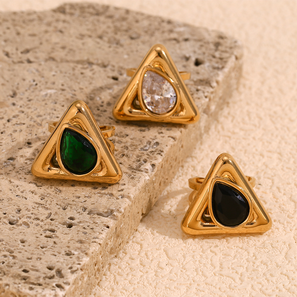 Triangle Water Drop Diamond Stainless Steel Opening Ring