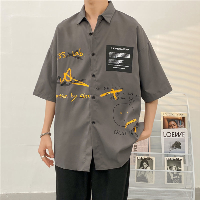 Japanese-style Hong Kong-style Shirt Men's Ins Summer Casual All-match Short-sleeved Graffiti Printed Trendy Shirt Short-sleeved Trendy Jacket