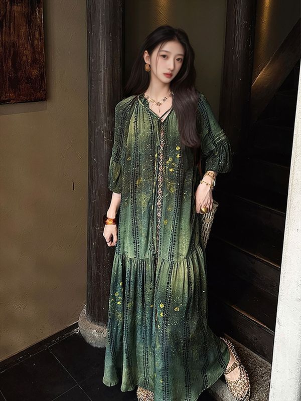 2025 中国風の新しい中国風の女性のプリントランタンスリーブスマッジスカート気質ルーズな新しいドレス N7015|undefined