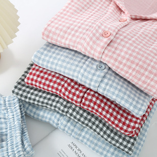 New Couple Plaid Hedge Cotton Four-Layer Yarn Home Clothes Autumn and Winter Thickened Cotton Men's and Women's Pajamas suit