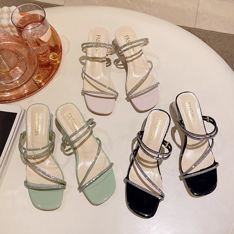 今年のネットセレブのラインストーンの新しいサンダル、女性の夏の厚いヒール、超人気のハイヒール、新しいフェアリースタイルのツーウェアサンダル|undefined