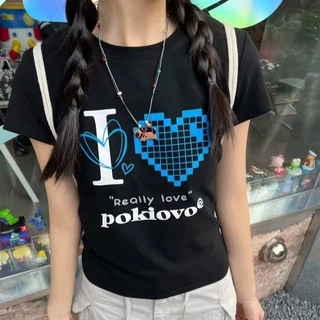 美式个性像素爱心印花T恤女 2025新款设计感休闲正肩圆领短袖上衣