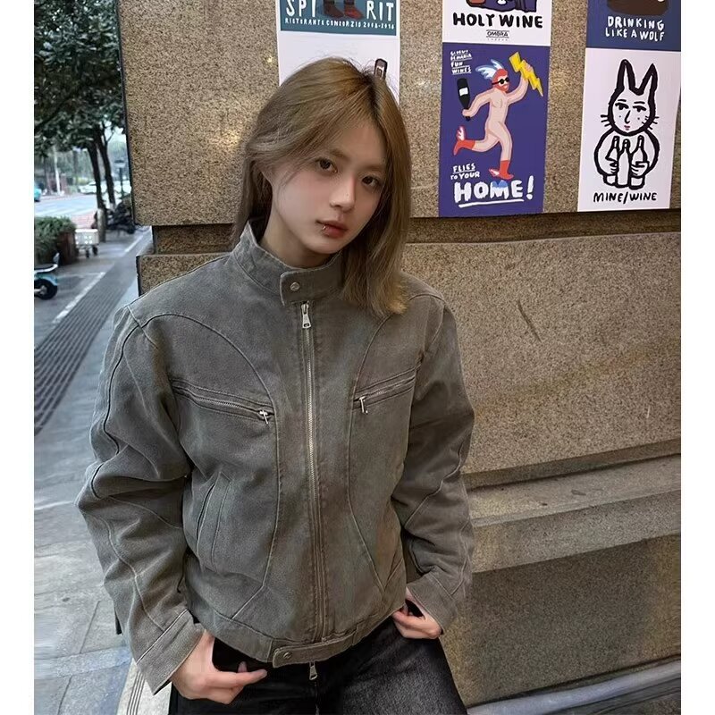 アメリカのレトロな水洗いの短いデニムのコートの男性の春秋の小さい大衆の設計の立襟のヴィンテージのハリントンジャケット