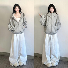 灰色卫衣外套女2025新款早秋季高领长袖宽松美式慵懒风chic薄上衣