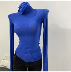 薄いタイプの柔らかい ~ 韓国版の積み重ね襟の長袖のtシャツの高襟の底のシャツの女性の修身の微透の上着の秋冬の新型
