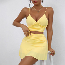 亚马逊跨境女装temu爆款夏季纯色性感露背吊带上衣高级感套装女夏