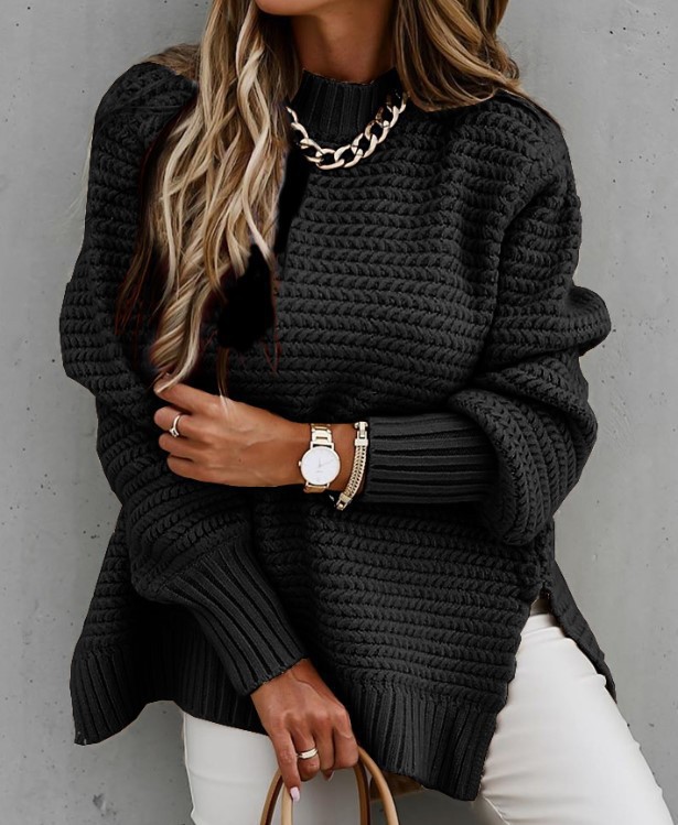 Suéter de Punto con Cuello Medio Alto, Color Sólido, Abertura Lateral con Puños, Estilo Europeo y Americano, Nueva Colección de Invierno 2025 para Mujer