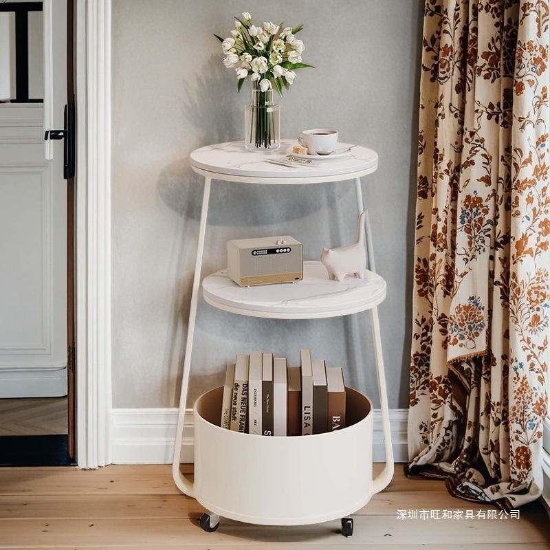 Cream-Style Side Table, Coffee Table, Movable Slate Small Round Table, Living Room Sofa Side Table, Bedside Side Cabinet Corner Table