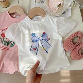 夏季2025女童百搭短袖甜美马卡龙夏天薄款中小童女孩泡泡袖上衣潮