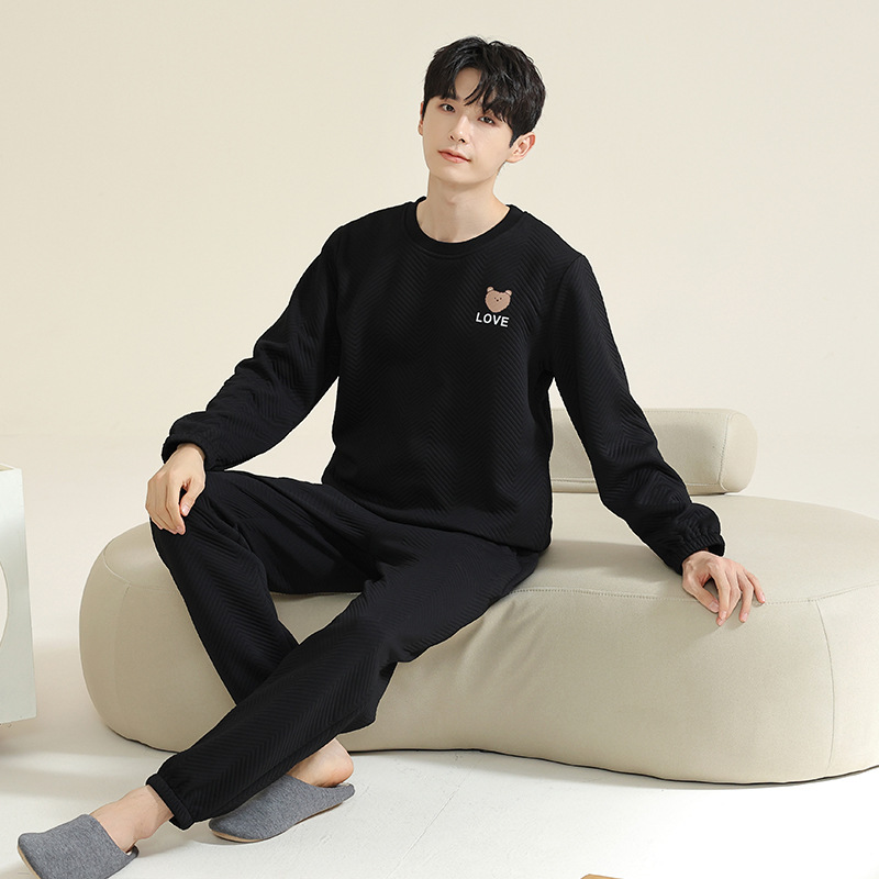 젊은이와 중년층을 위한 가을 겨울 에어 샌드위치 남성용 새로운 두꺼운 잠옷 플러스 사이즈 간단한 스포츠 스타일 가정복 세트