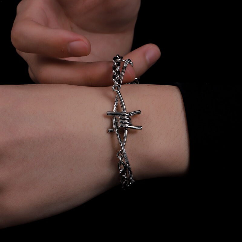 Stainless Steel Double-Layer Chain Dark Black Bracelet for Men, Personalized Trendy High-End Punk Style Hand Jewelry, Women's Accessories